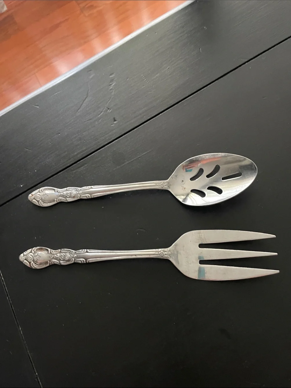 Vintage Set of 2 LUSTREWARE Rose Pattern Serving Fork & Slotted Spoon Set